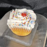 A vanilla cupcake filled with Skittles candy, topped with vanilla butter cream and rainbow nonpareils, and finished with a Skittles candy piece. Skittles
