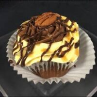 A chocolate cupcake with a caramel pecan filling, topped with caramel and chocolate buttercream, and finished with chocolate and caramel drizzle and a full toasted pecan. Turtle