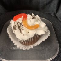 Chocolate cupcake with Oreo pudding filling, vanilla buttercream, and a gummy worm with Oreo crumble "dirt." Dirt Cupcake